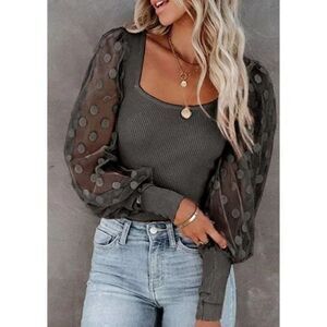 Dark Gray Ribbed Knit Polka Dot Mesh Long Puff Sleeve Sweater Top Blouse